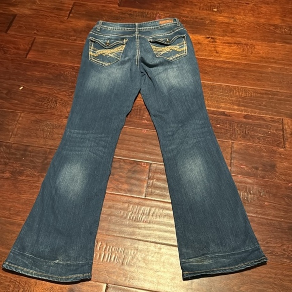 l.e.i. Jeans style name Bridget boot cut darker wash embroidered pockets sz 5